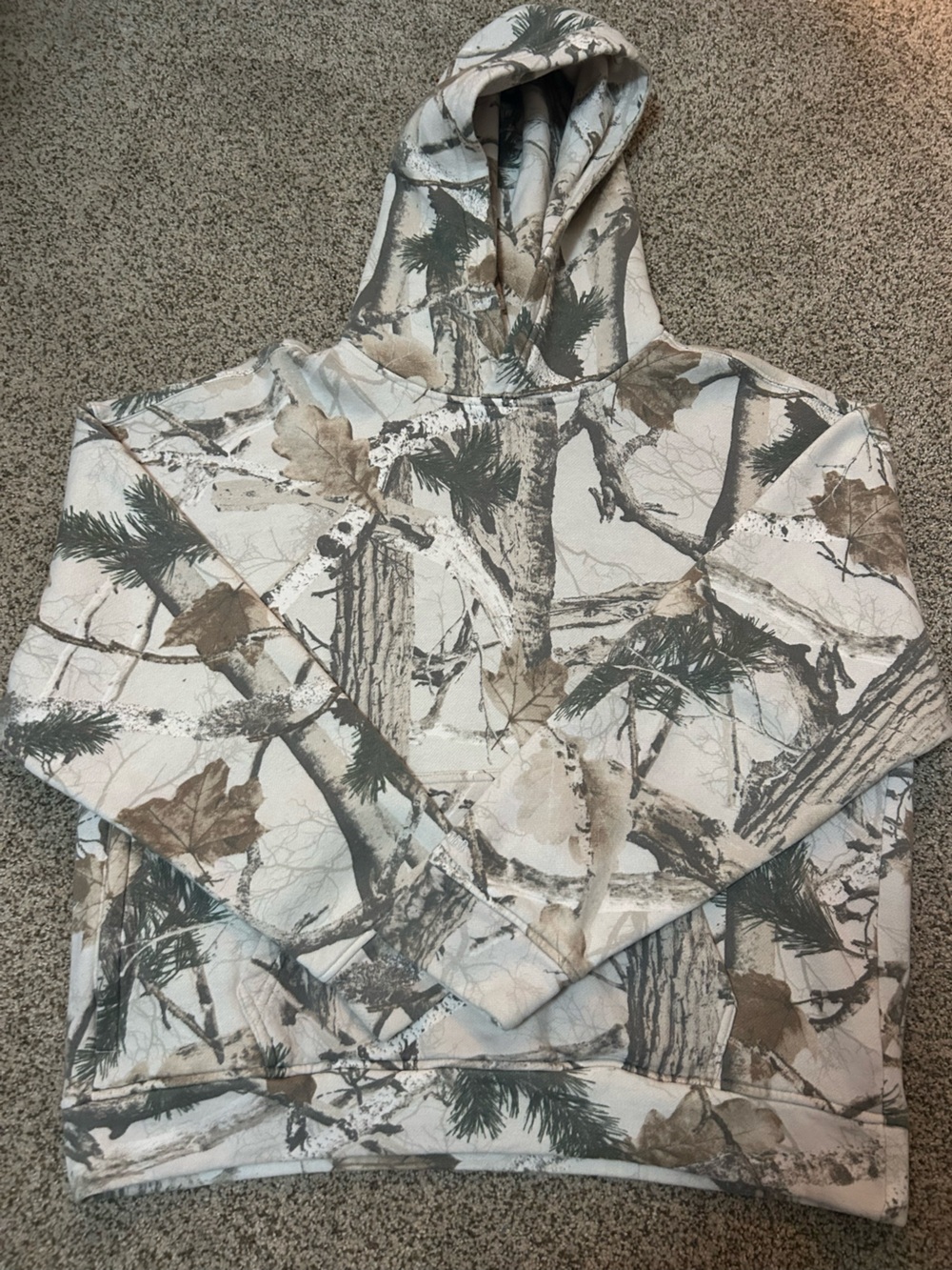 Hollister Boxy Cut Camo Print Hoodie in Cream, Brown, Green